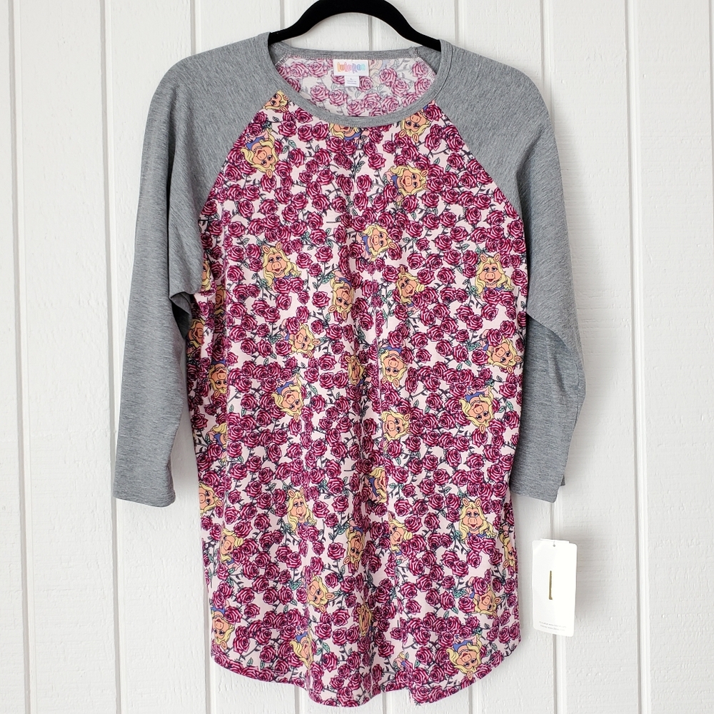 Disney LuLaRoe Randy Baseball Raglan Tee T-shirt Grey Pink Miss Piggy Muppets